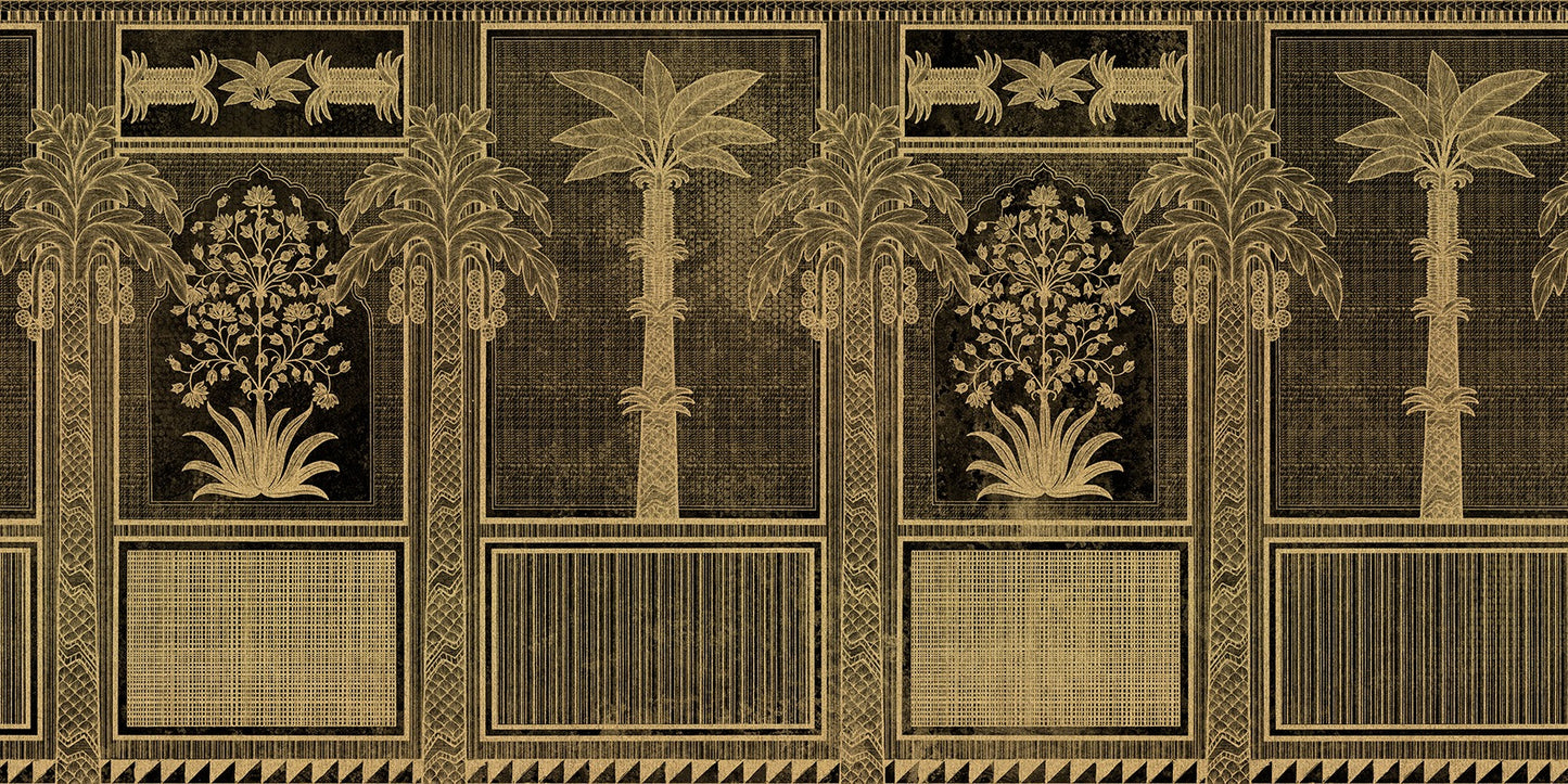 Wzór tapety inspirowany indyjską stolicą Radżystanu, orientalne palmy i roślinność w kolorze złota i czerni.
